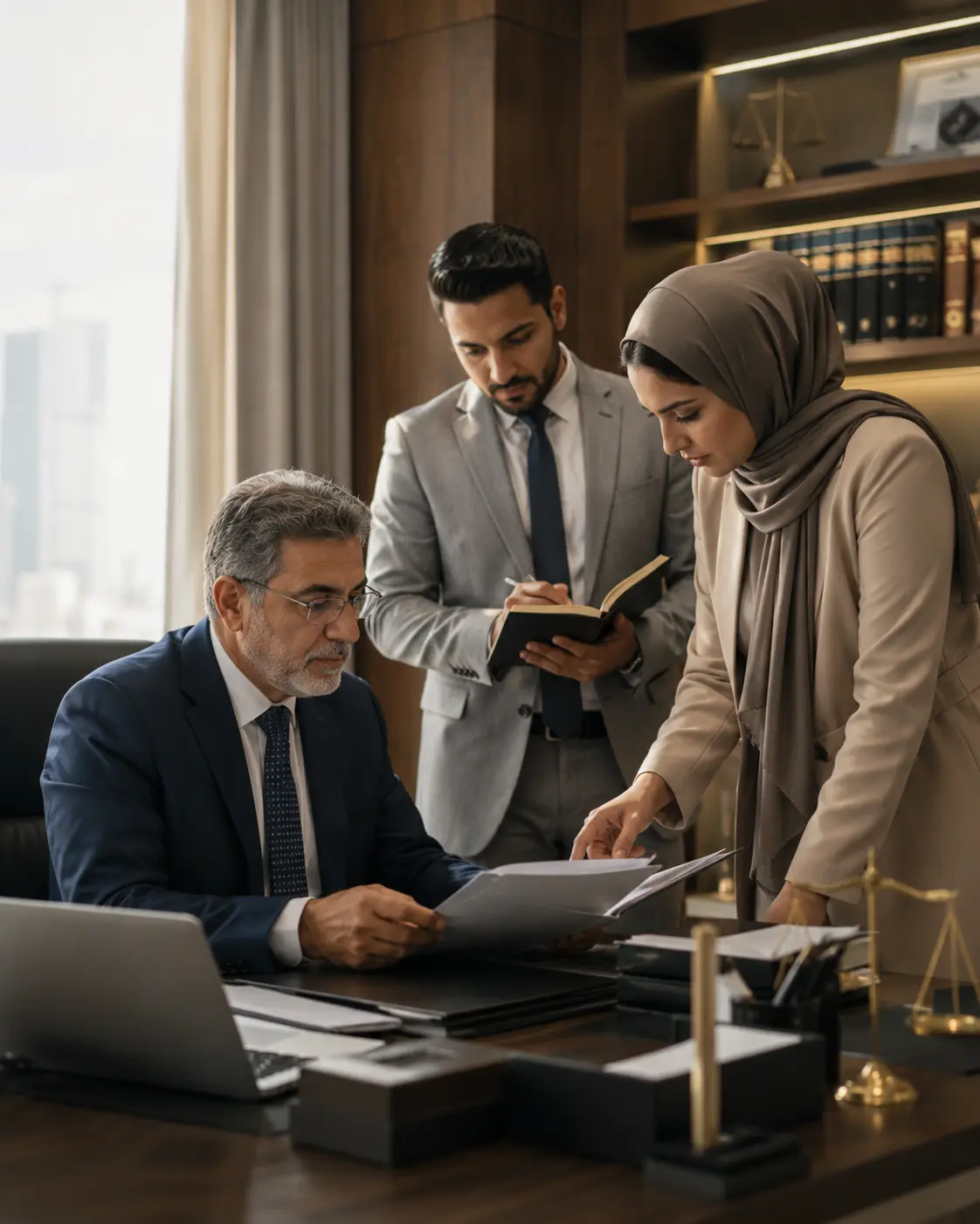 فريق شركة التنفيذيون للمحاماة والاستشارات القانونية خلال اجتماع مهني في جدة